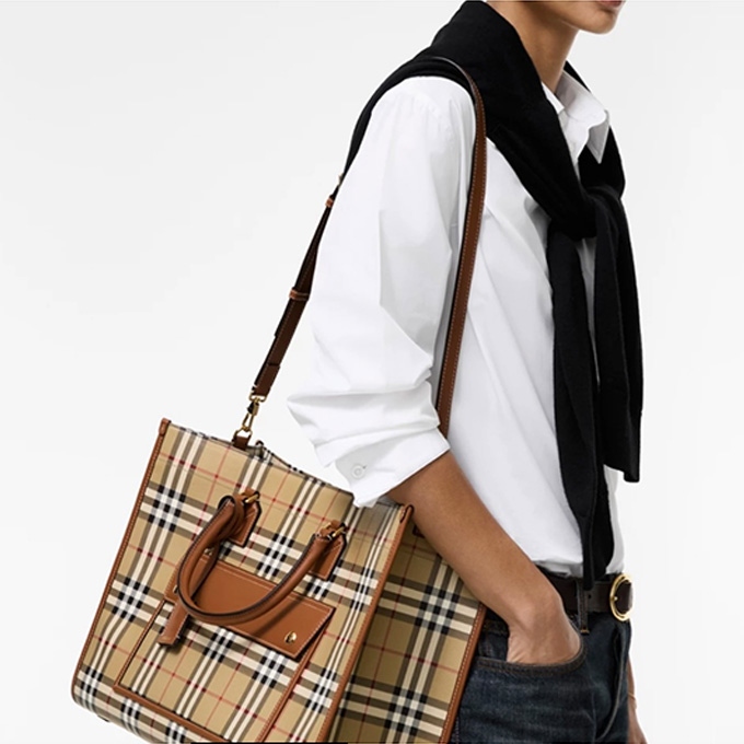 burberry freya vintage check canvas leather trim medium tote bag
